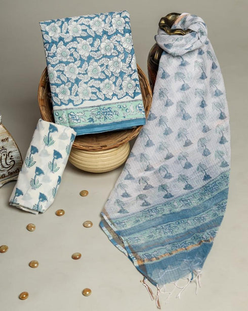 Floral Hand Block Print Cotton Suit Set with Kota Doria Dupatta (3CKD13)